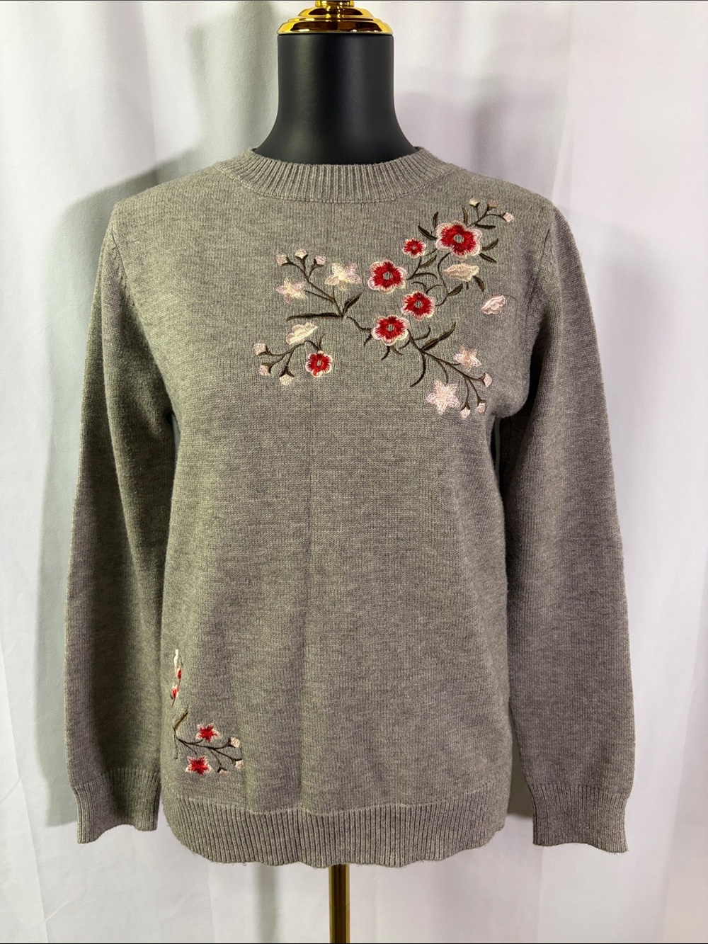 Sweet Claire Taupe Floral Embroidered Long Sleeve Crewneck Sweater